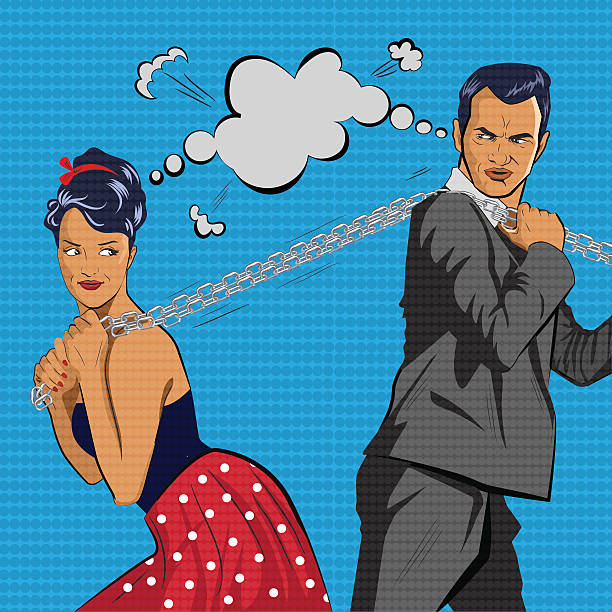 Couple competes. The man and  woman pulls  chain. Vector illustration Couple competes. The man and  woman pulls  chain.  divorce borders stock illustrations