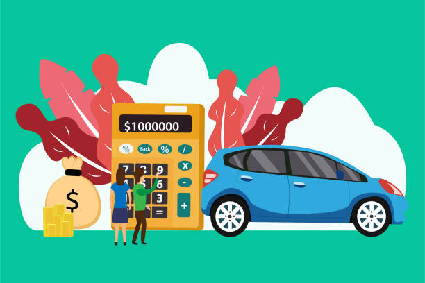 Couple counting money with calculator to buy car New car buy concept: Couple counting money with calculator to buy a new car used car sale stock illustrations