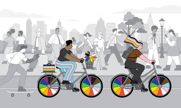 lgbtqia couple cycling - progress pride flag 幅插畫檔、美工圖案、卡通及圖標