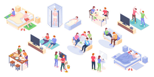 ilustrações de stock, clip art, desenhos animados e ícones de couple daily life isometric vector design, man and woman home routine and everyday leisure activity. couple daily life taking shower and bath, playing games with friends, cooking and eating breakfast - sleeping couple
