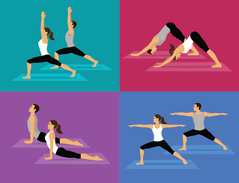 Couple doing Yoga Workout Set. man and woman in warrior one and two, upwards and downwards facing dog poses.