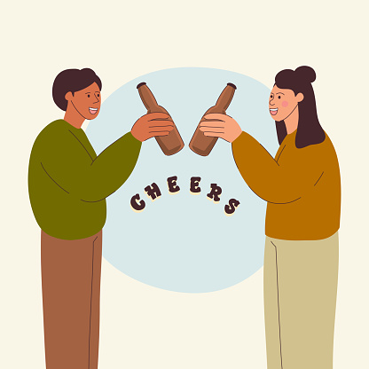 Couple Drink Beer Concept, Cartoon Style Vector Illustration