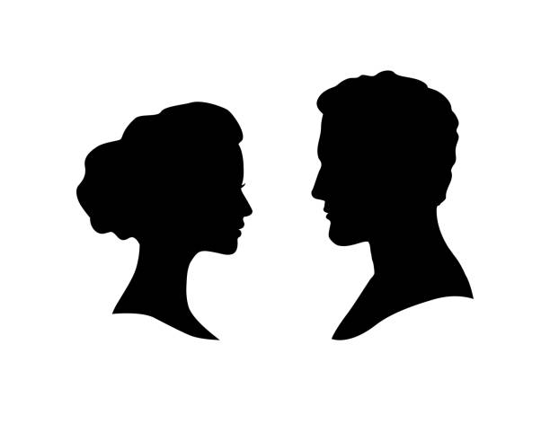 Couple faces silhouette. Couple facing each other. Man and woman romantic profile. Couple faces silhouette. Couple facing each other. Man and woman romantic profile. cameo brooch stock illustrations