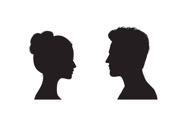 Couple faces silhouette. Couple facing each other. Young man and woman romantic profile. Couple faces silhouette. Couple facing each other. Young man and woman romantic profile. cameo brooch stock illustrations