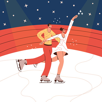 Couple figure skater isolated cartoon flat vector illustration in trendy colors. Pair figure skating. Winter sport, ice dancer, gymnast woman, championship, competition activity modern design element