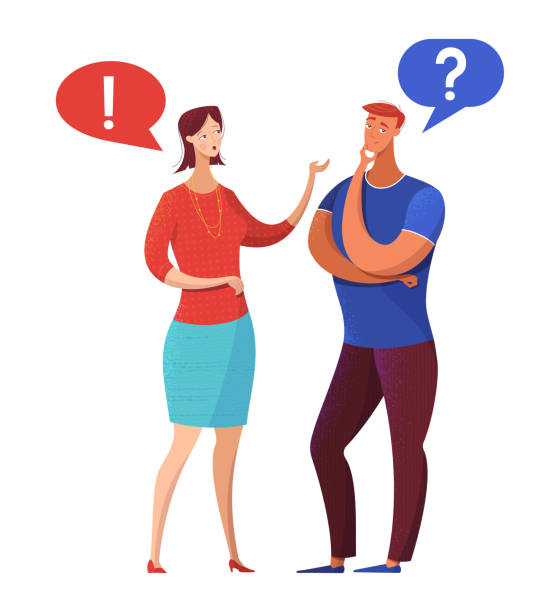 Couple having argument flat vector illustration Couple having argument flat vector illustration. Husband, wife discussing problems, complaints cartoon characters. Female boss instructing male employee. Speech bubbles with question, exclamation mark cartoon man with complaint with speech bubble stock illustrations