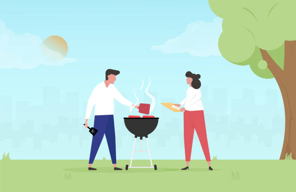 Couple having barbecue vector art illustration