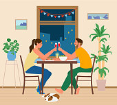Couple Having Romantic Dinner At Home. Man And Woman Sitting At Table With Snacks Rasing Glass Of Wine Near Window With Night City. Vector Illustration.