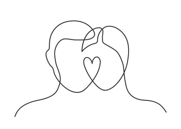 couple heart one line Continuous line drawing of man and woman heads  with heart on white background. Vector illustration couple relationship stock illustrations