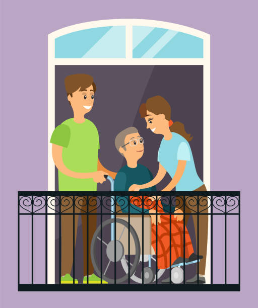 ilustrações de stock, clip art, desenhos animados e ícones de couple help sick man in wheelchair to go for a walk on the balcony. aring for elderly sick people - wheelchair street happy