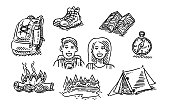 Hand-drawn vector drawing of a Couple Hiking Trip Vacation Icon Set. Black-and-White sketch on a transparent background (.eps-file). Included files are EPS (v10) and Hi-Res JPG.