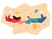Man and woman flying holding hands with eye contact. Happy couple levitating between books. Vector.