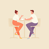 Couple in cafe drinking coffee and talking. Vector flat illustration