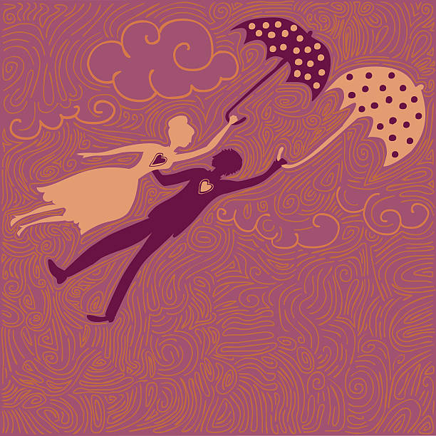 couple in love flying with umbrellas vector art illustration