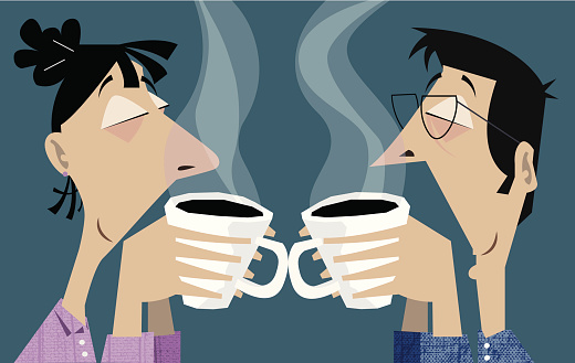 Couple in pajama smelling coffee aroma