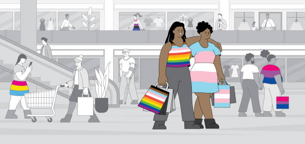 lgbtqia couple in shopping mall - progress pride flag 幅插畫檔、美工圖案、卡通及圖標