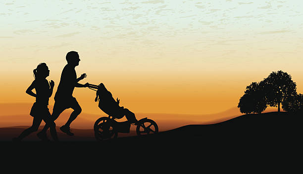 stockillustraties, clipart, cartoons en iconen met couple jogging, exercising with baby stroller at twilight background - hardlopen vorouw