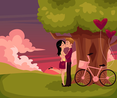 Couple kissing, having date under big tree at sundown, sunset