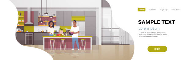 ilustrações de stock, clip art, desenhos animados e ícones de couple making dinner happy african american man woman cooking together at home modern kitchen interior male female full length horizontal copy space flat - woman chopping vegetables