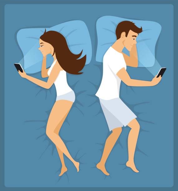 Couple, man and woman lying apart in the bed with smartphones vector illustration Couple, man and woman lying apart in the bed with smartphones vector illustration man sleeping in bed top view stock illustrations