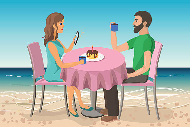 stockillustraties, clipart, cartoons en iconen met couple man and woman on a date in the beach - sunset dining