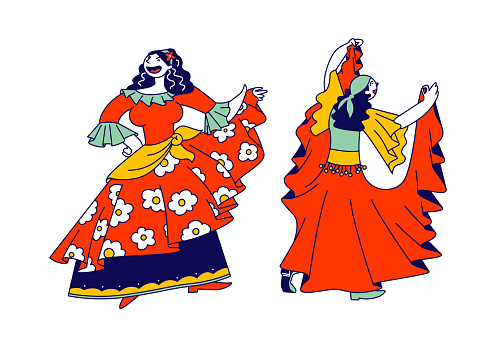 Couple of Beautiful Gypsy Women Dressed in Colorful Dresses, Shawl and Jewelry Dancing and Performing Dynamic Dance and Singing Songs, Romany Culture, Fun Cartoon Flat Vector Illustration, Line Art