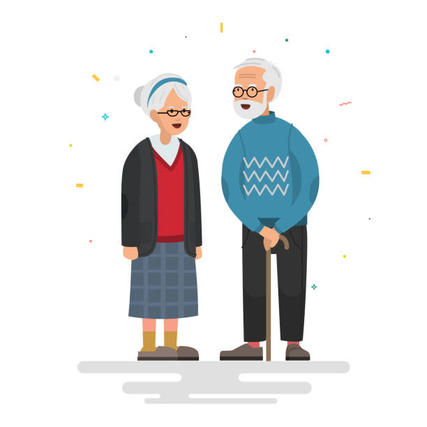 bildbanksillustrationer, clip art samt tecknat material och ikoner med par äldre personer. morfar nära mormor. vektor illustration i platt stil. - medelålders