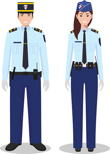 Couple of french policeman and policewoman in  traditional uniforms standing together on white background in flat style. Police concept. Flat design people characters. Vector illustration.