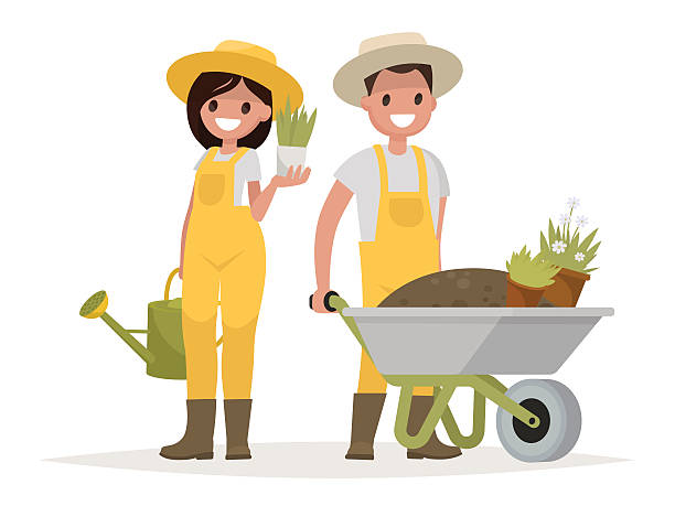 Couple of gardeners. Man with wheelbarrow of earth, a woman Couple of gardeners. Man with wheelbarrow of earth, a woman holding a flower pot and watering can. Vector illustration in a flat style gardening stock illustrations
