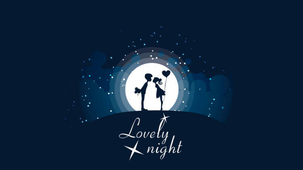 A couple of girls and guys kissing on the hill in front of a big bright moon and stars. A couple of girls and guys kissing on the hill in front of a big bright moon and stars. Vector illustration. date night stock illustrations