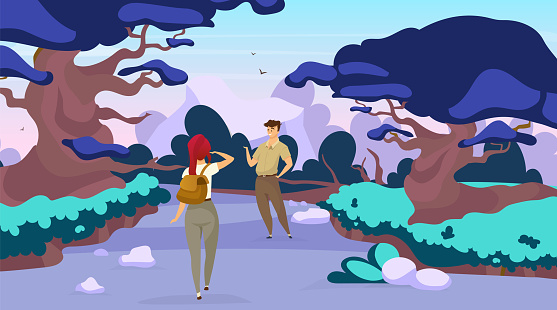 Couple of hikers flat vector illustration. Woman and man on trail in mystical forest. Trekkers walking on path through woods. Backpackers search for way in rainforest. Tourists cartoon characters
