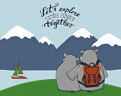 Couple of hippos are on green field in mountains near the river. Lets explore this life together text with birds is in the sky. Yacht is in the water. Orange traveler backpack is on animal back