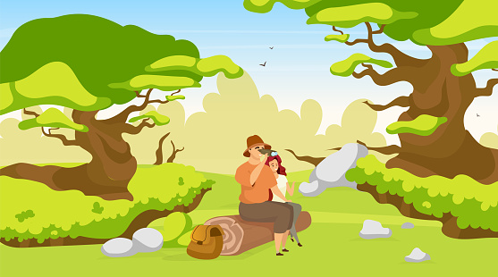 Couple of tourist flat vector illustration. Woman and man sitting on log in forest. Hikers observing nature. Trekkers on rest in woods. Watching wildlife. Backpackers cartoon characters