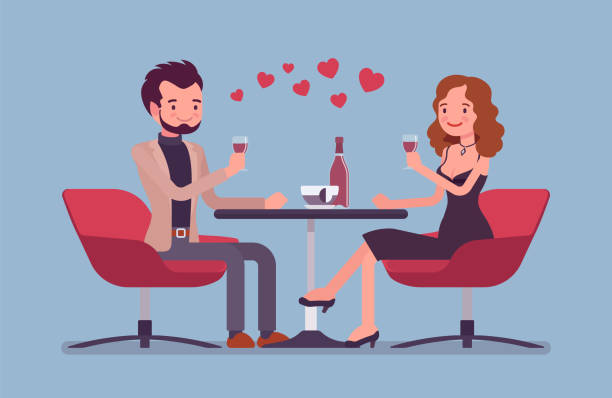 Couple on a romantic date Couple on a romantic date. Young man and woman, pair in love having dinner, meeting of two close loving people in romantic relationships in cafe. Vector flat style cartoon illustration date night stock illustrations