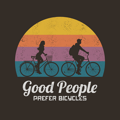 Retro illustration with silhouettes of cyclists on bicycles. Road trip of two lovers. Vector background for prints, t-shirts