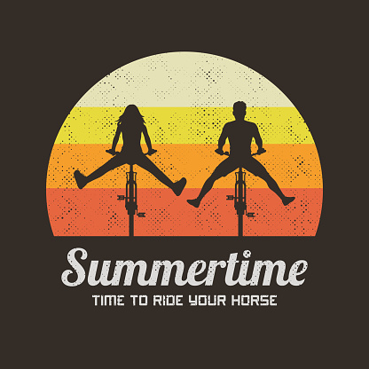 Retro illustration with silhouettes of two cyclists with legs apart. Vector background