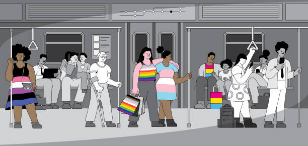 lgbtqia couple on metro - progress pride flag 幅插畫檔、美工圖案、卡通及圖標