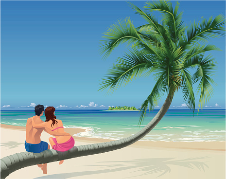 Couple, Palm Tree and Tropical Beach