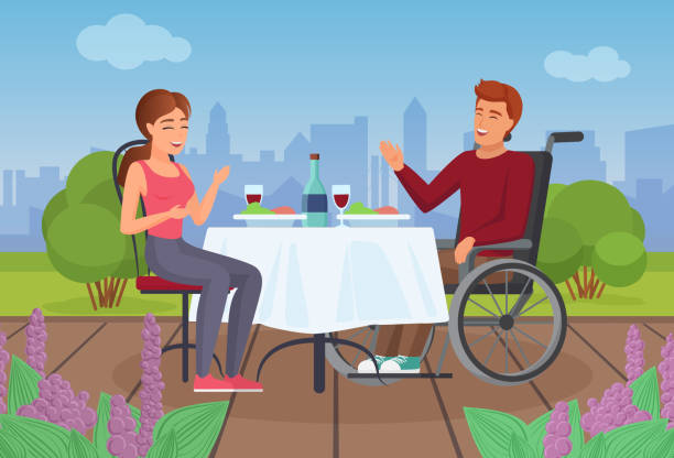 ilustrações de stock, clip art, desenhos animados e ícones de couple people eat on terrace in summer, disabled man in wheelchair dining with girl - wheelchair street happy
