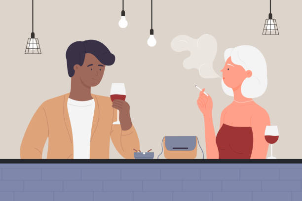 Couple people enjoy conversation at bar, romantic dating, young woman man drinking wine vector art illustration
