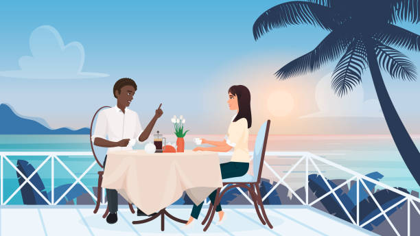 stockillustraties, clipart, cartoons en iconen met couple people on love romance dating in outdoor cafe, sitting on tropical beach terrace - sunset dining