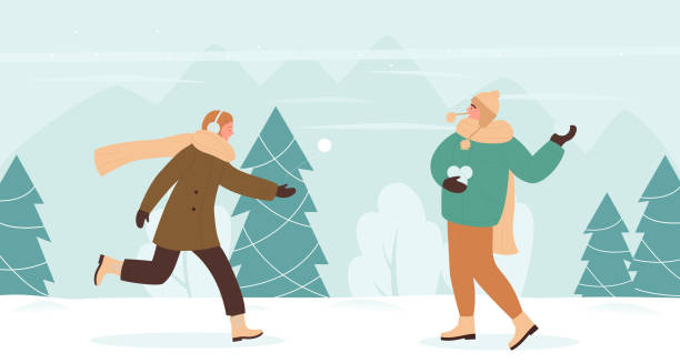 stockillustraties, clipart, cartoons en iconen met couple people play snowballs fun game in winter snow landscape, enjoying cold weather - happy couple cold
