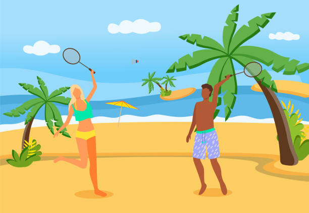 ilustrações, clipart, desenhos animados e ícones de casal jogando badminton na praia. marido e mulher com raquetes de tênis descansando em resort de verão - beach tennis