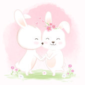 Couple rabbit hold one's hands with love hand drawn cartoon watercolor illustration on pink
