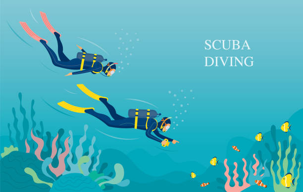 Couple Scuba Diving in Underwater Background vector art illustration
