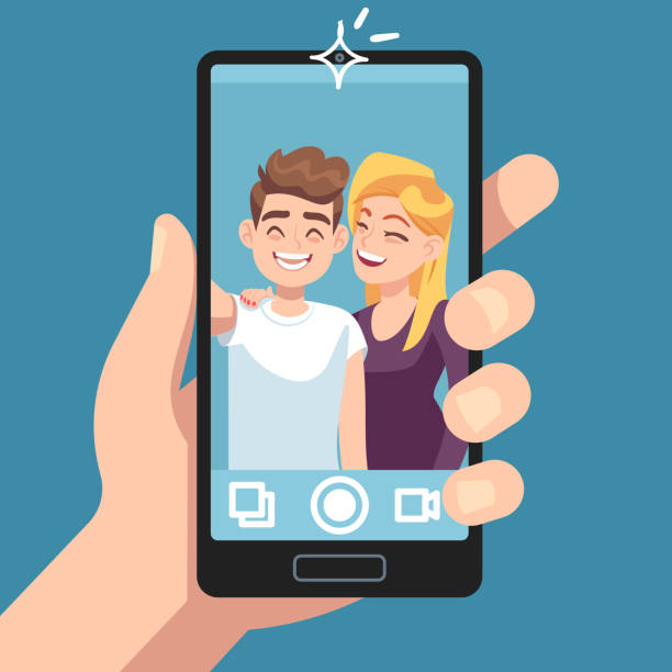 Couple selfie. Young friends make romantic selfie portrait with smartphone, man with woman take photo on camera vector concept Couple selfie. Young friends make romantic selfie portrait with smartphone, man with woman take photo on camera vector isolated symbol of happy social lovely mobile photographs concept selfie borders stock illustrations