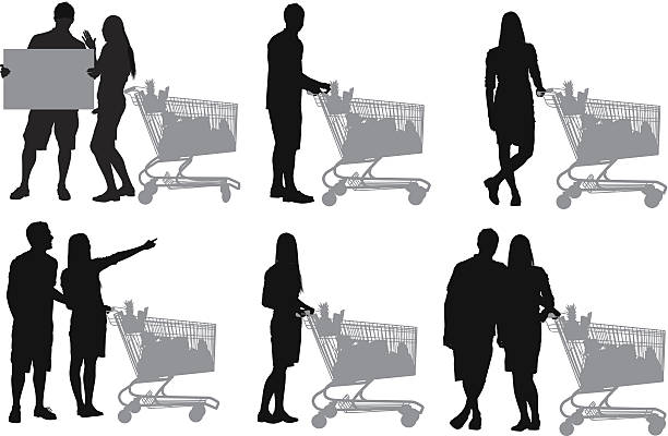 Couple shopping groceries Couple shopping grocerieshttp://www.twodozendesign.info/i/1.png supermarket silhouettes stock illustrations