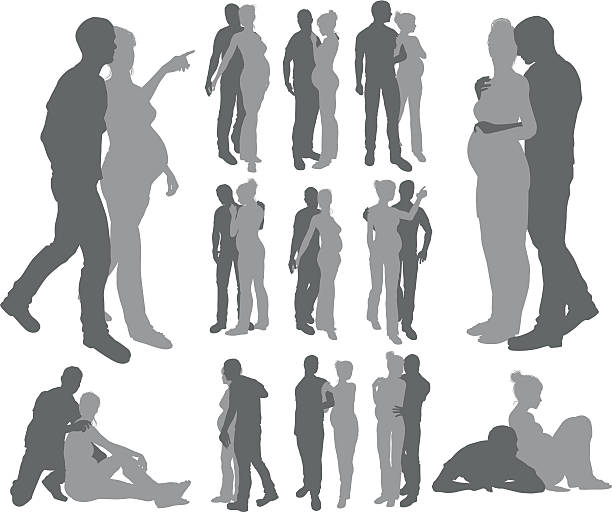 Couple silhouettes pregnant woman High quality detailed silhouettes of a young couple with pregnant woman in various poses pregnant silhouettes stock illustrations