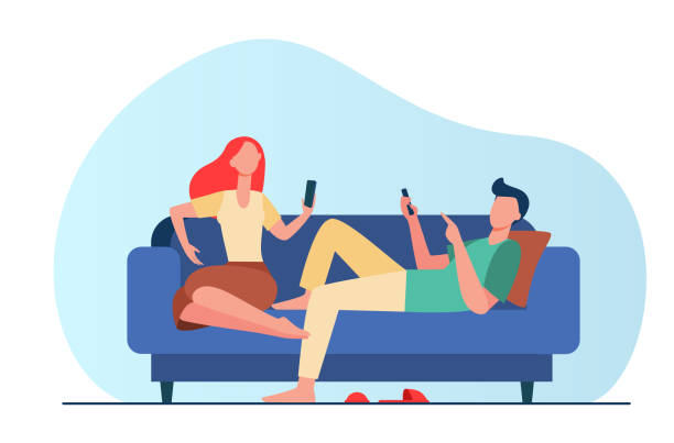 illustrazioni stock, clip art, cartoni animati e icone di tendenza di coppia seduta sul divano e con smartphone - sofa