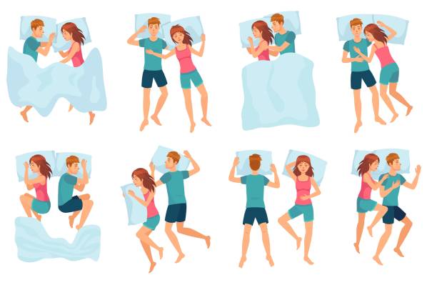 ilustrações de stock, clip art, desenhos animados e ícones de couple sleeps in different poses. man and woman sleeping together, couple in bed and healthy night sleep vector set - sleeping couple